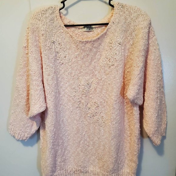 Vintage P'Galli Pink Flower Embelished Beaded Sweater Textured Knitted 2XL - Picture 1 of 4
